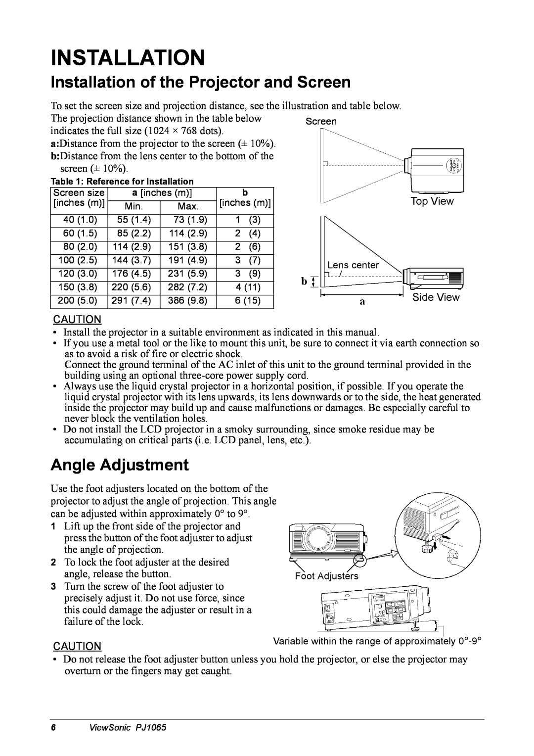 ViewSonic PJ1065 manual Installation of the Projector and Screen, Angle Adjustment 