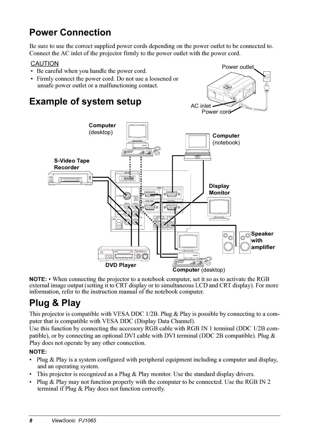 ViewSonic PJ1065 manual Power Connection, Example of system setup, Plug & Play, AC inlet, Power cord 