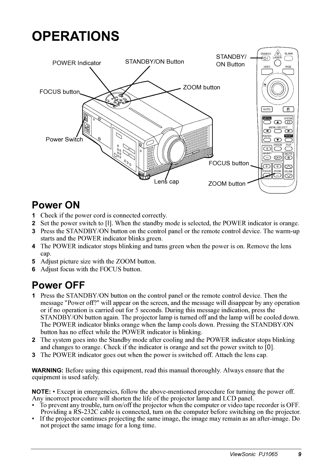 ViewSonic PJ1065 manual Operations, Power on, Power OFF, Standby 