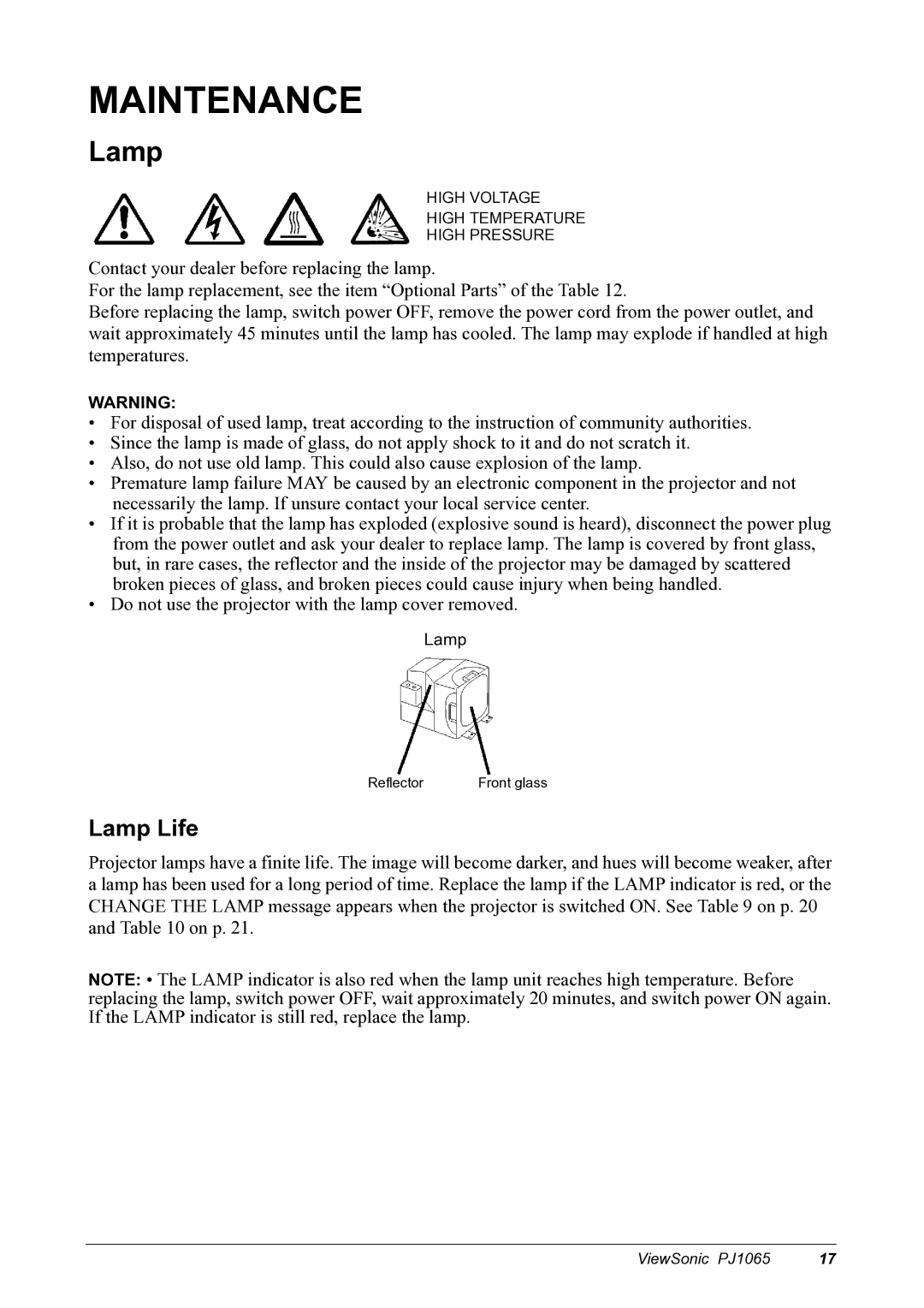 ViewSonic PJ1065 manual Maintenance, Lamp 