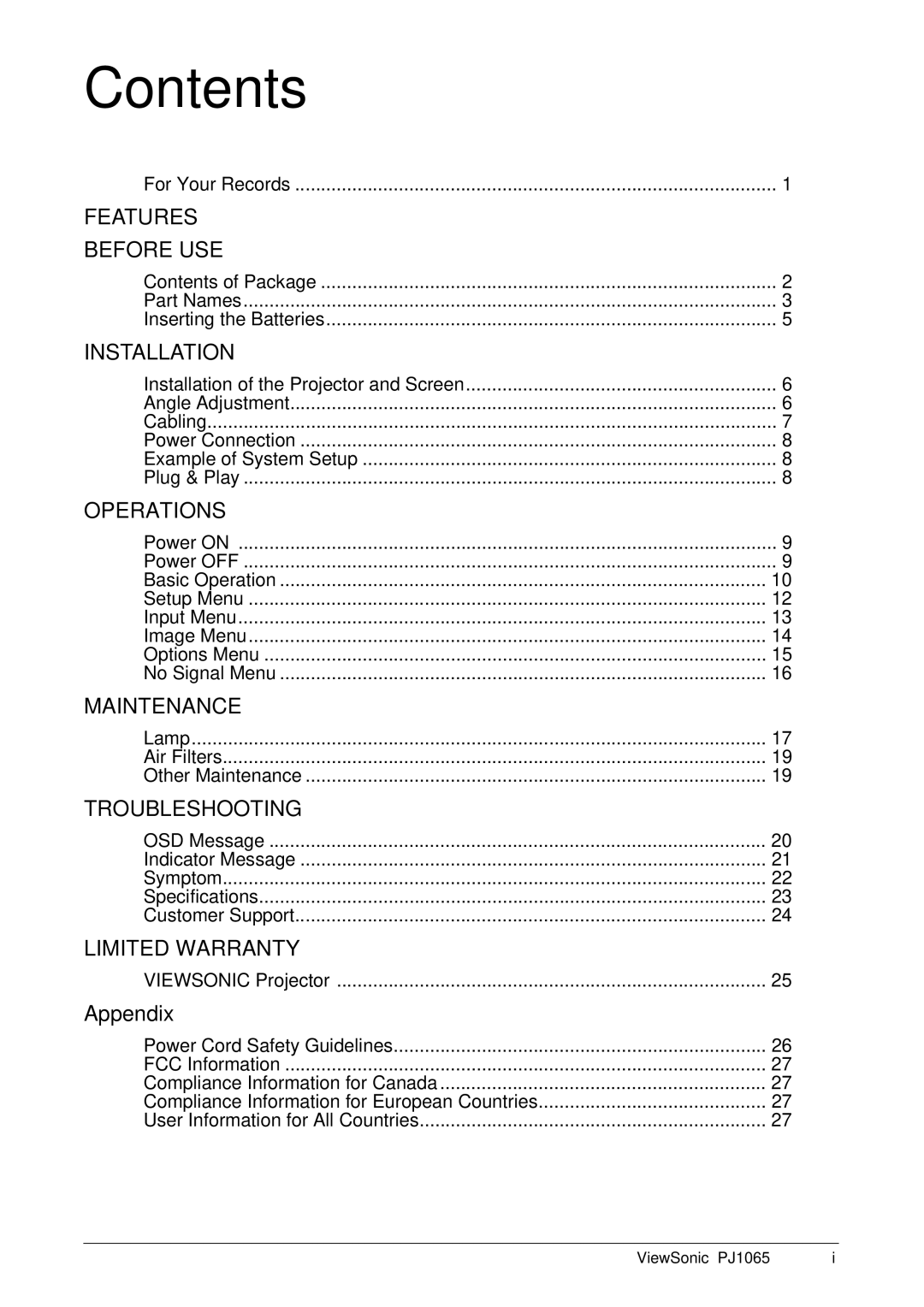 ViewSonic PJ1065 manual Contents 