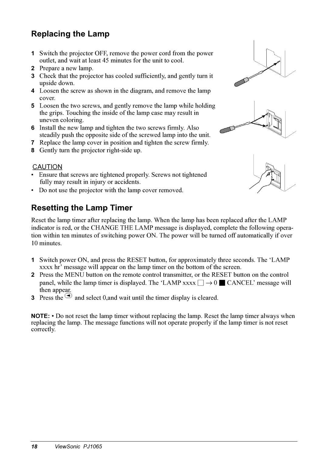 ViewSonic PJ1065 manual Replacing the Lamp 