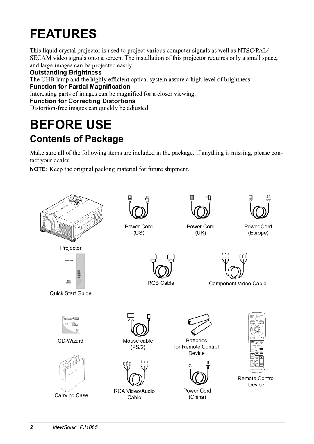 ViewSonic PJ1065 manual Features, Before USE, Contents of Package 