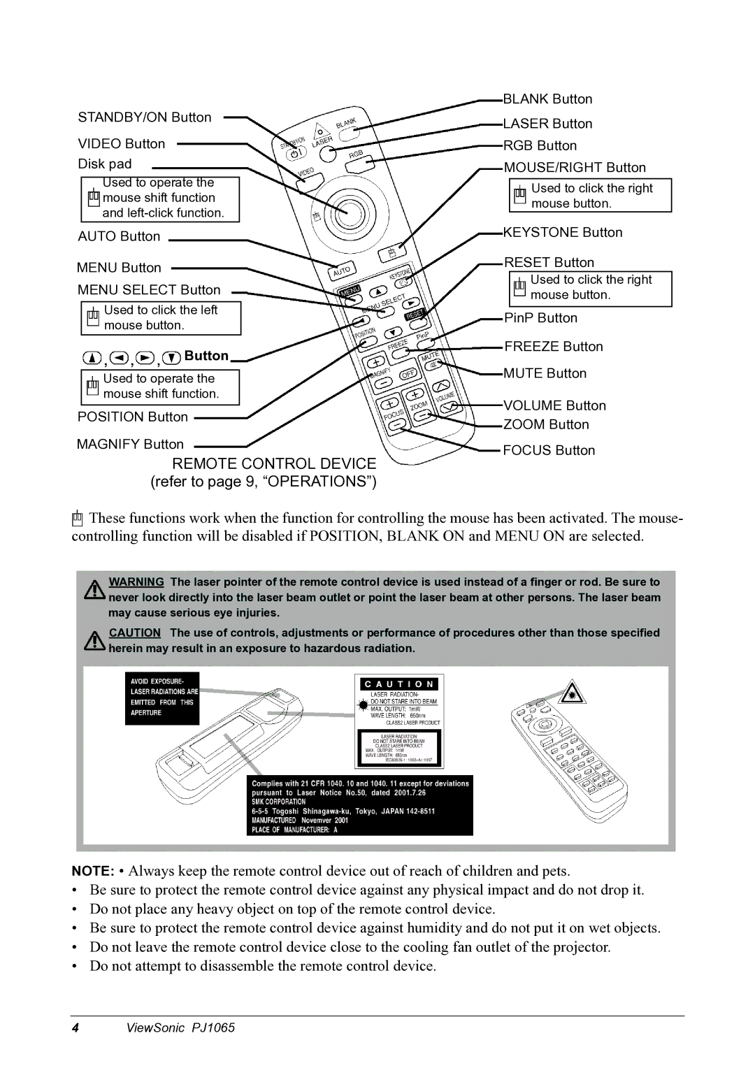 ViewSonic PJ1065 manual Remote Control Device refer to page 9, Operations, Button 