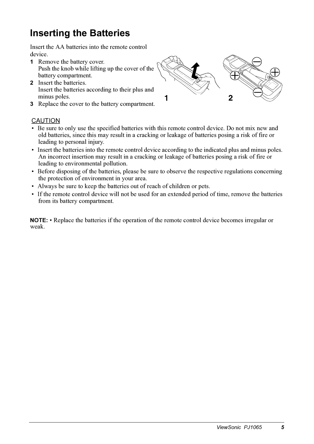 ViewSonic PJ1065 manual Inserting the Batteries 