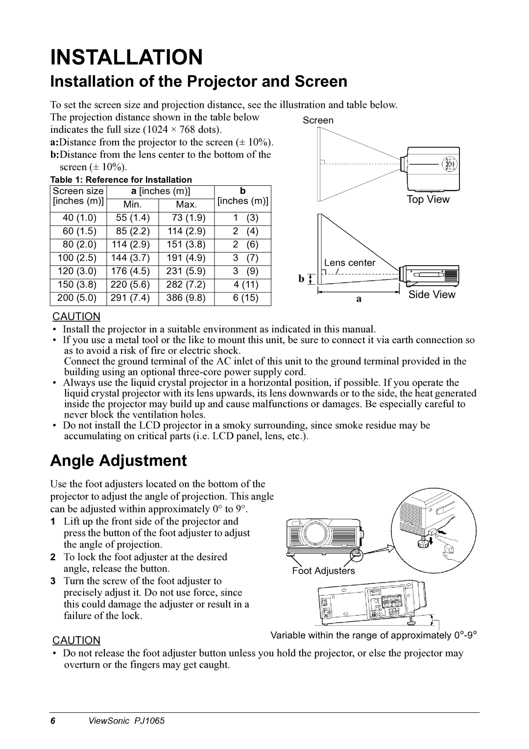 ViewSonic PJ1065 manual Installation of the Projector and Screen, Angle Adjustment 