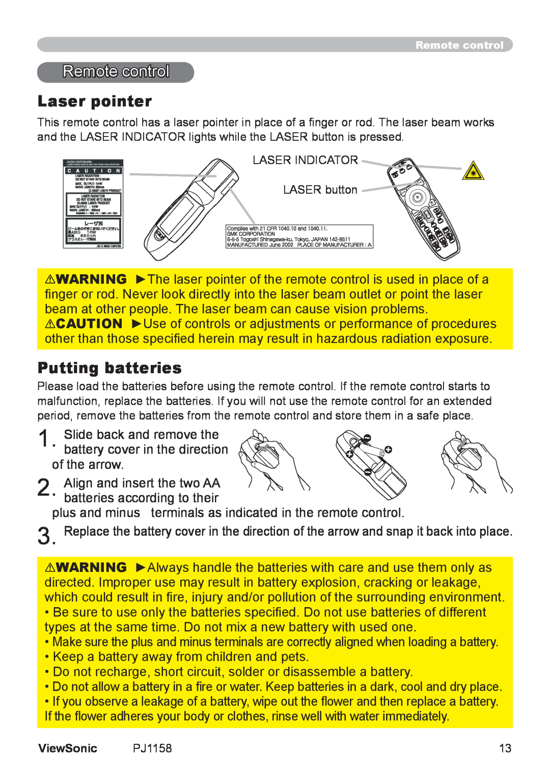ViewSonic PJ1158 manual Remote control, Laser pointer, Putting batteries 
