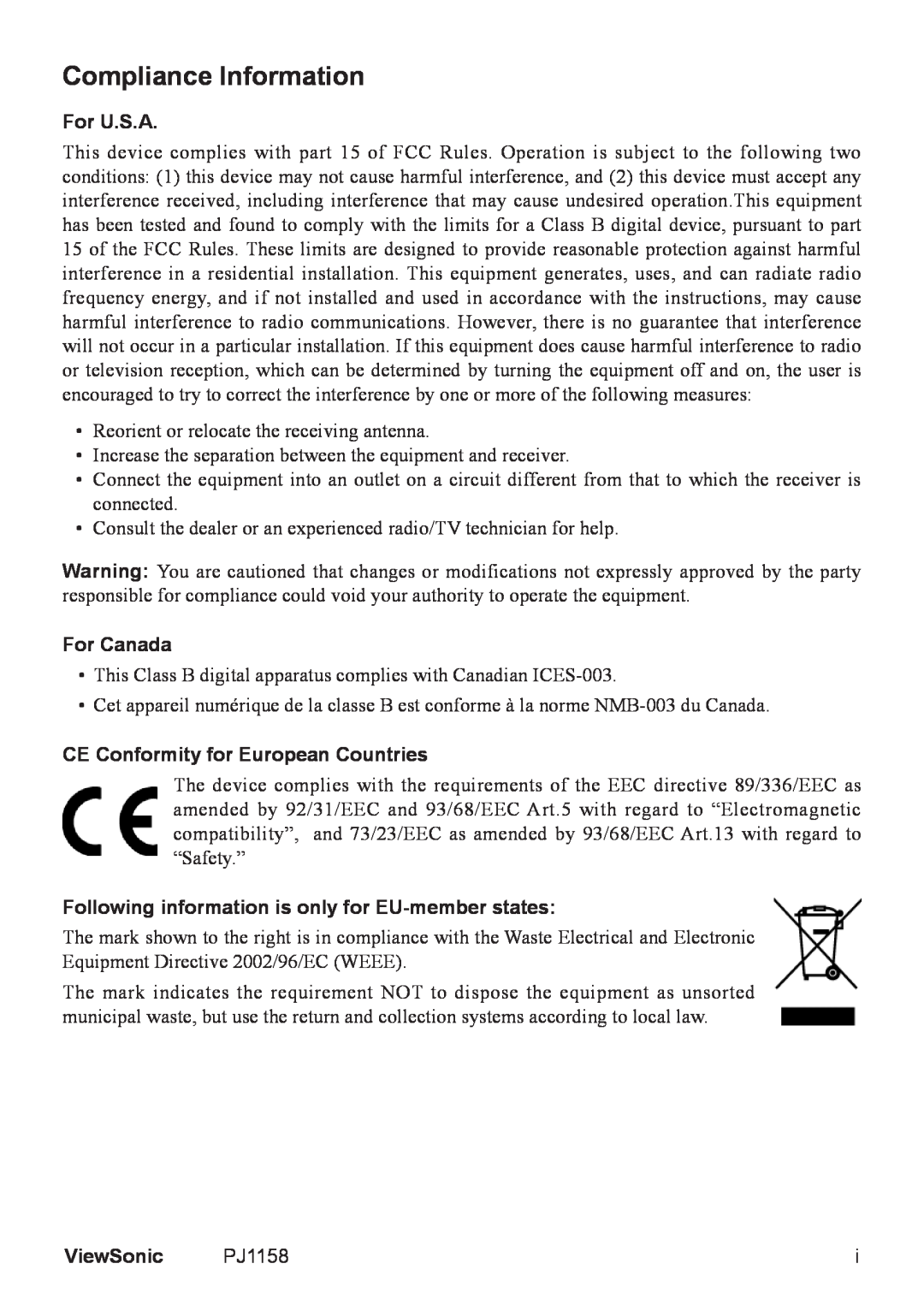 ViewSonic PJ1158 manual Compliance Information, For U.S.A, For Canada, CE Conformity for European Countries, ViewSonic 