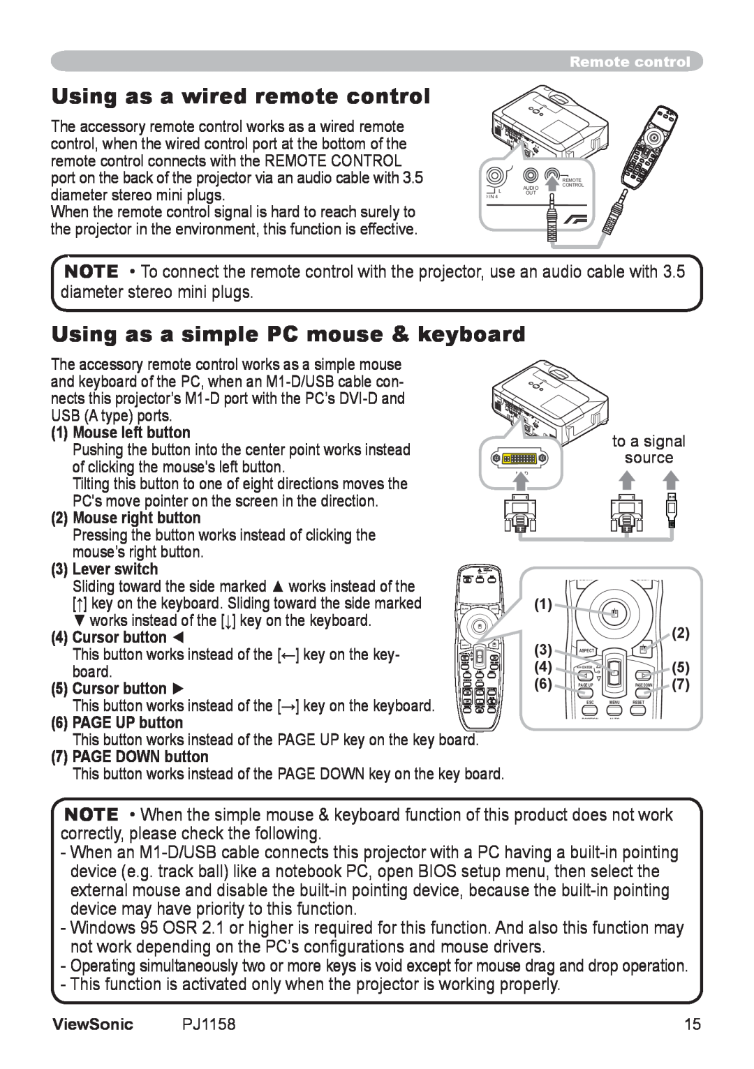 ViewSonic PJ1158 manual Using as a wired remote control, Using as a simple PC mouse & keyboard 