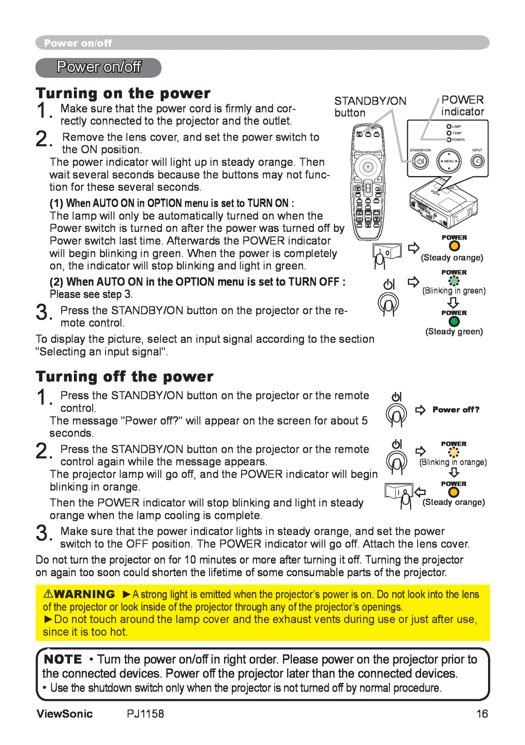 ViewSonic PJ1158 manual Power on/off, Turning on the power, Turning off the power 