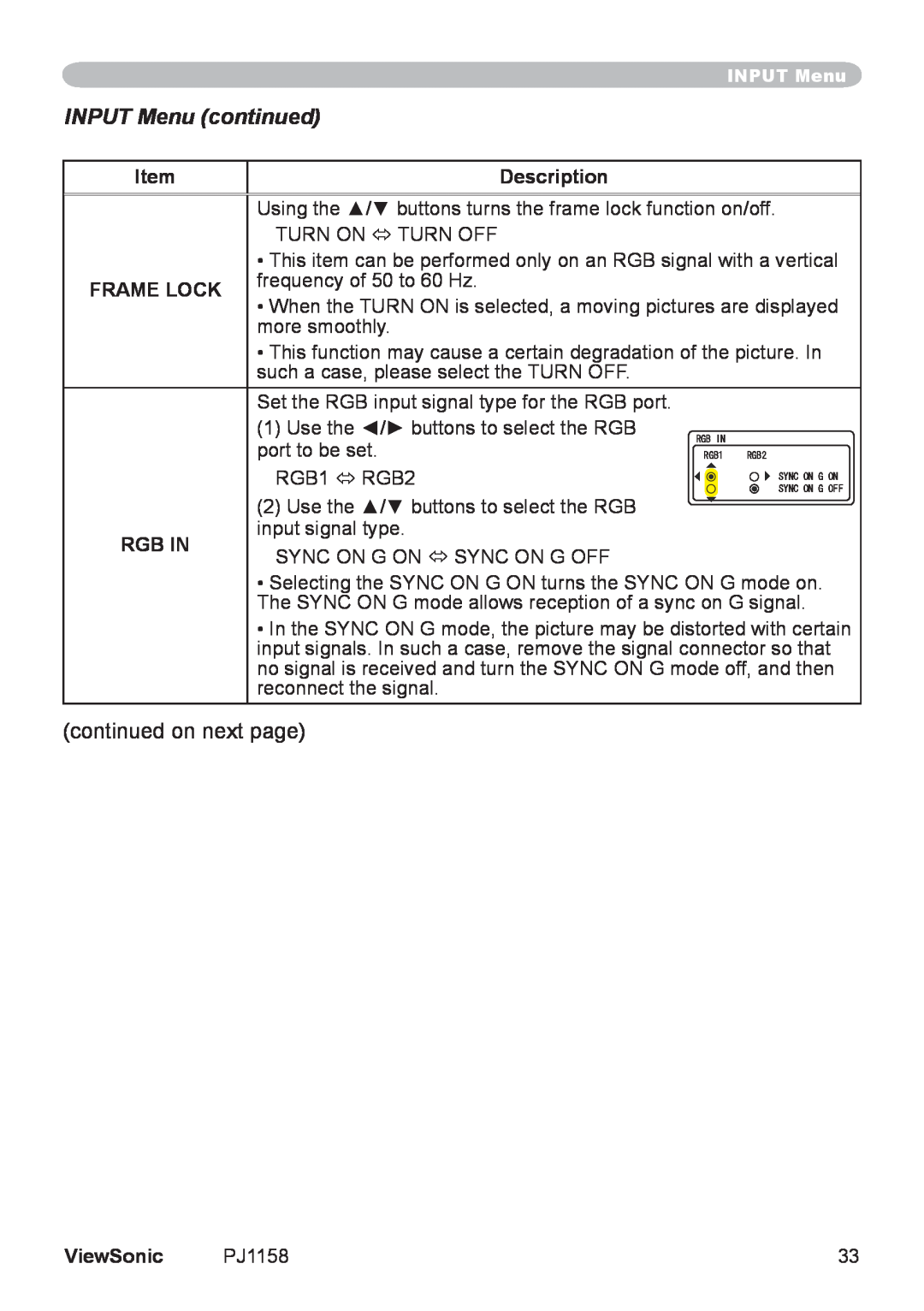 ViewSonic PJ1158 manual INPUT Menu continued, Item, Description, Frame Lock, Rgb In, ViewSonic 