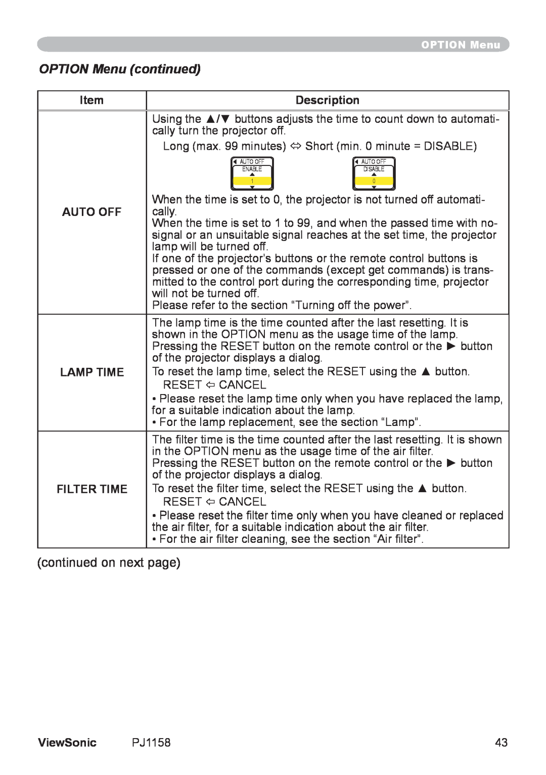 ViewSonic PJ1158 manual OPTION Menu continued, Description, Auto Off, Lamp Time, Filter Time, ViewSonic 
