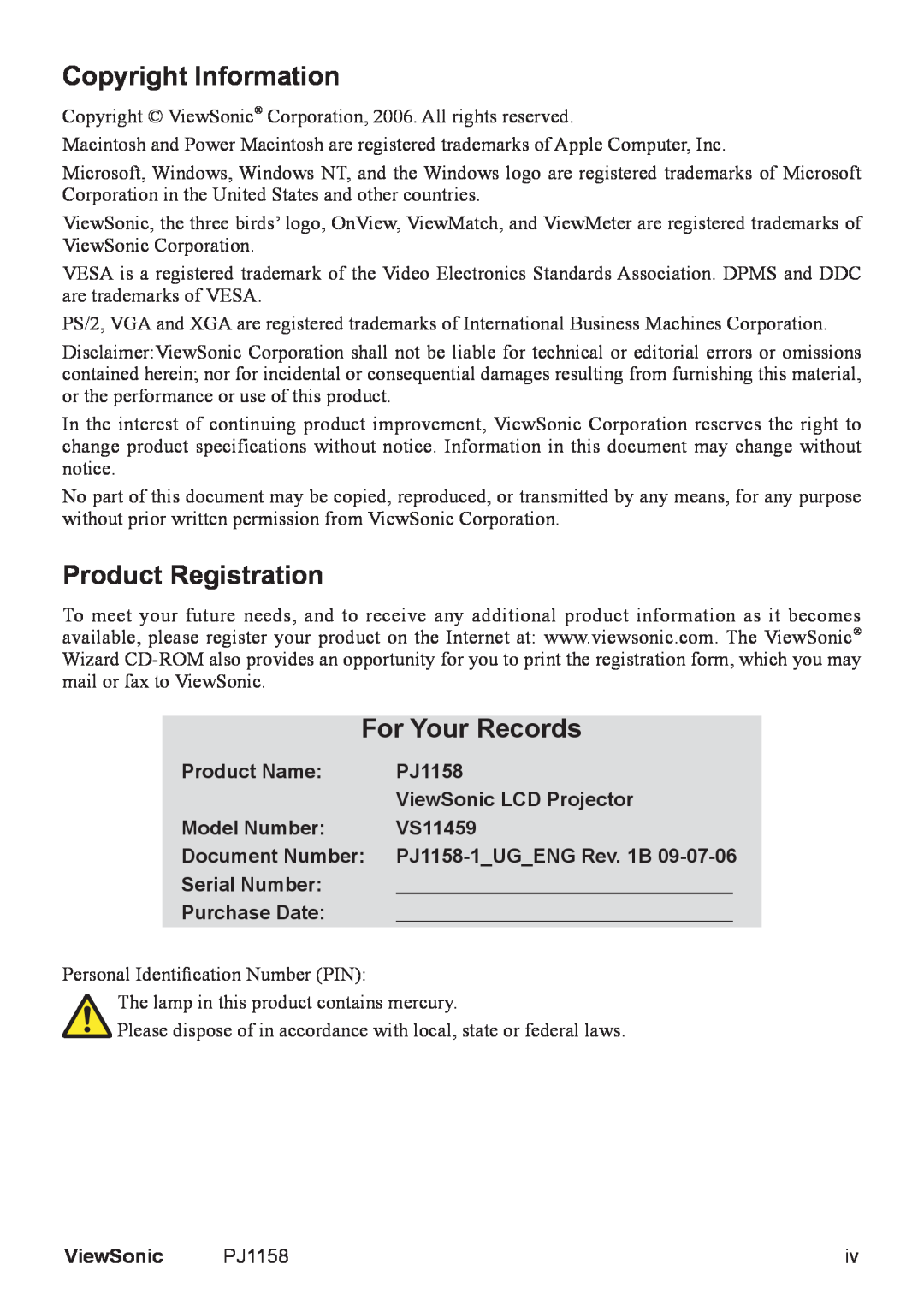 ViewSonic PJ1158 manual Copyright Information, Product Registration, For Your Records 