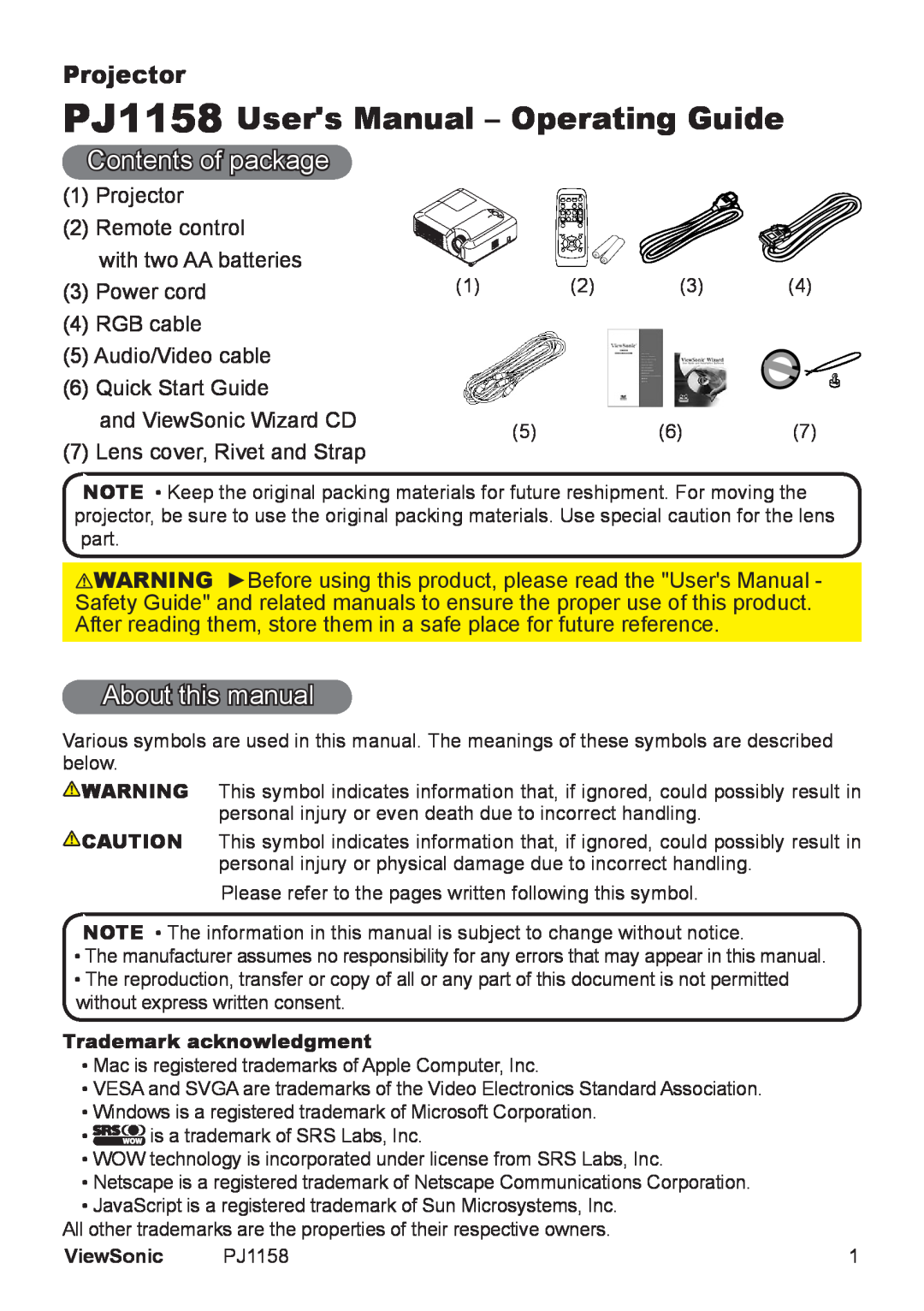 ViewSonic PJ1158 Users Manual – Operating Guide, Contents of package, About this manual, Projector 
