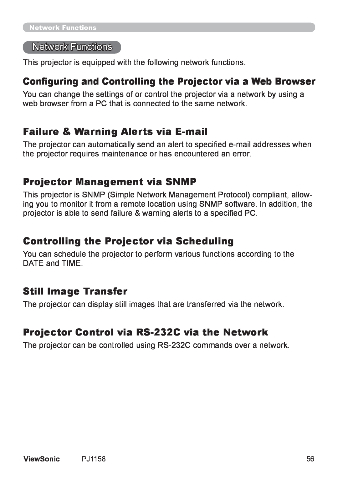 ViewSonic PJ1158 manual Network Functions, Failure & Warning Alerts via E-mail, Projector Management via SNMP 