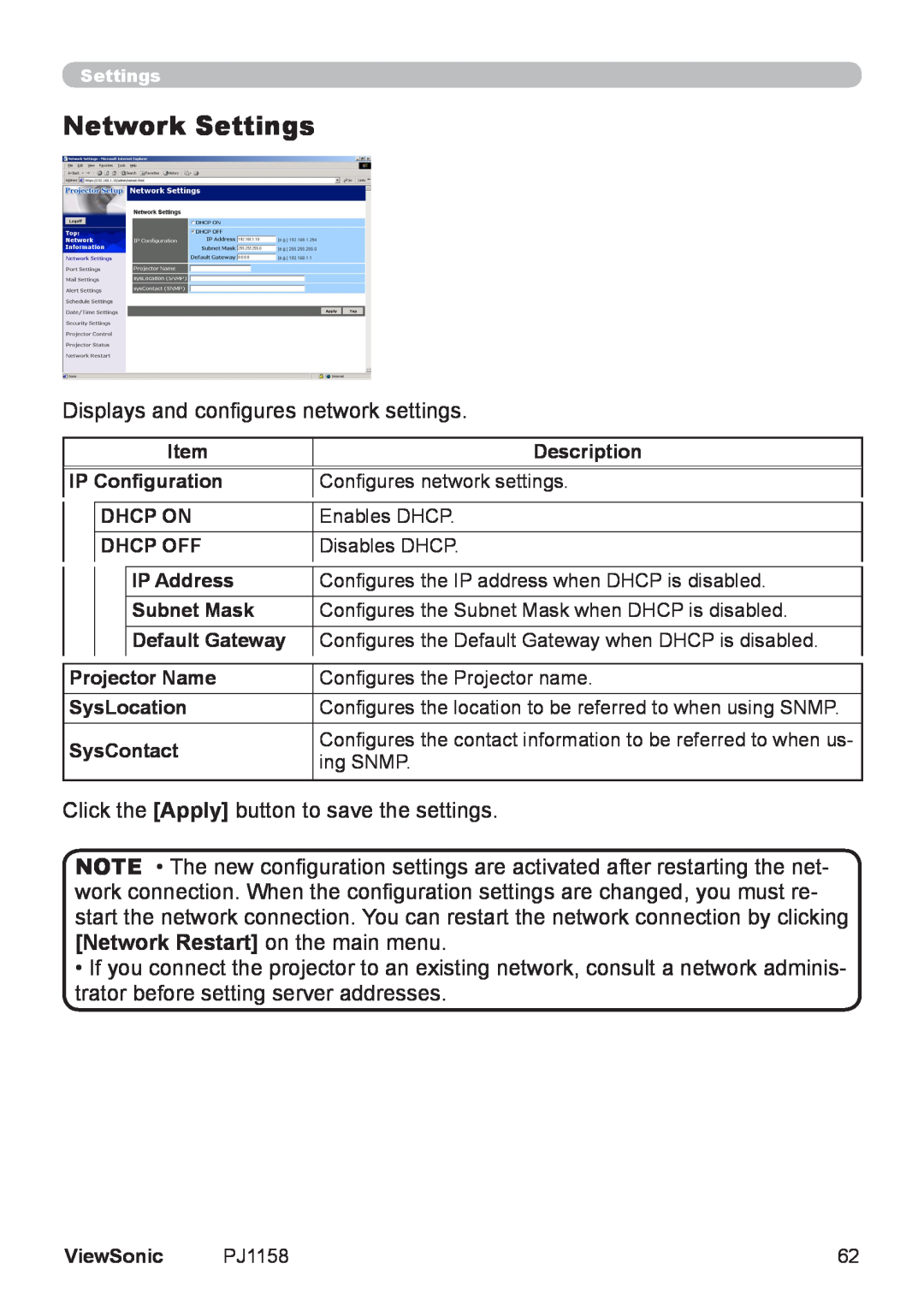 ViewSonic PJ1158 manual Network Settings 