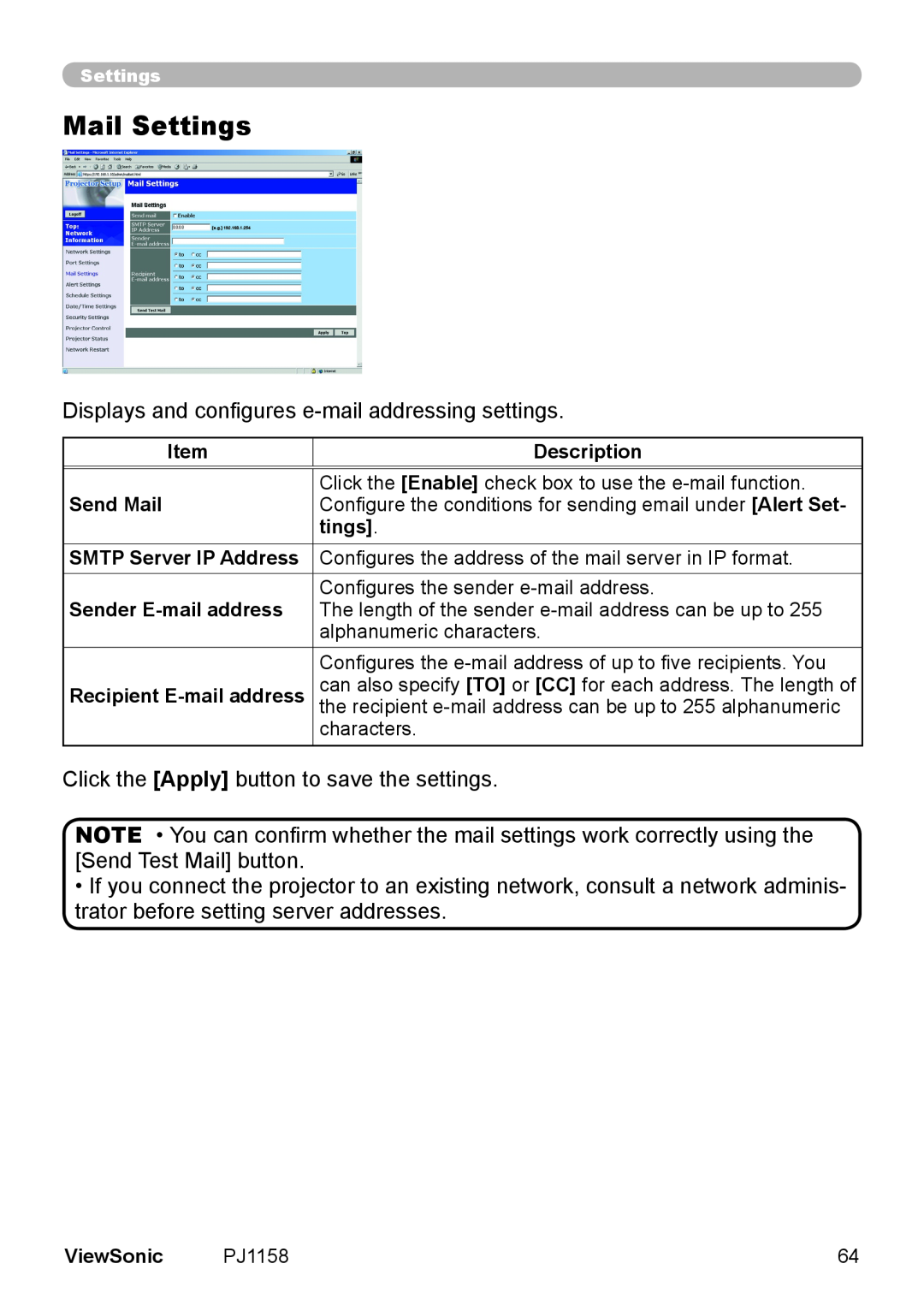 ViewSonic PJ1158 manual Mail Settings 
