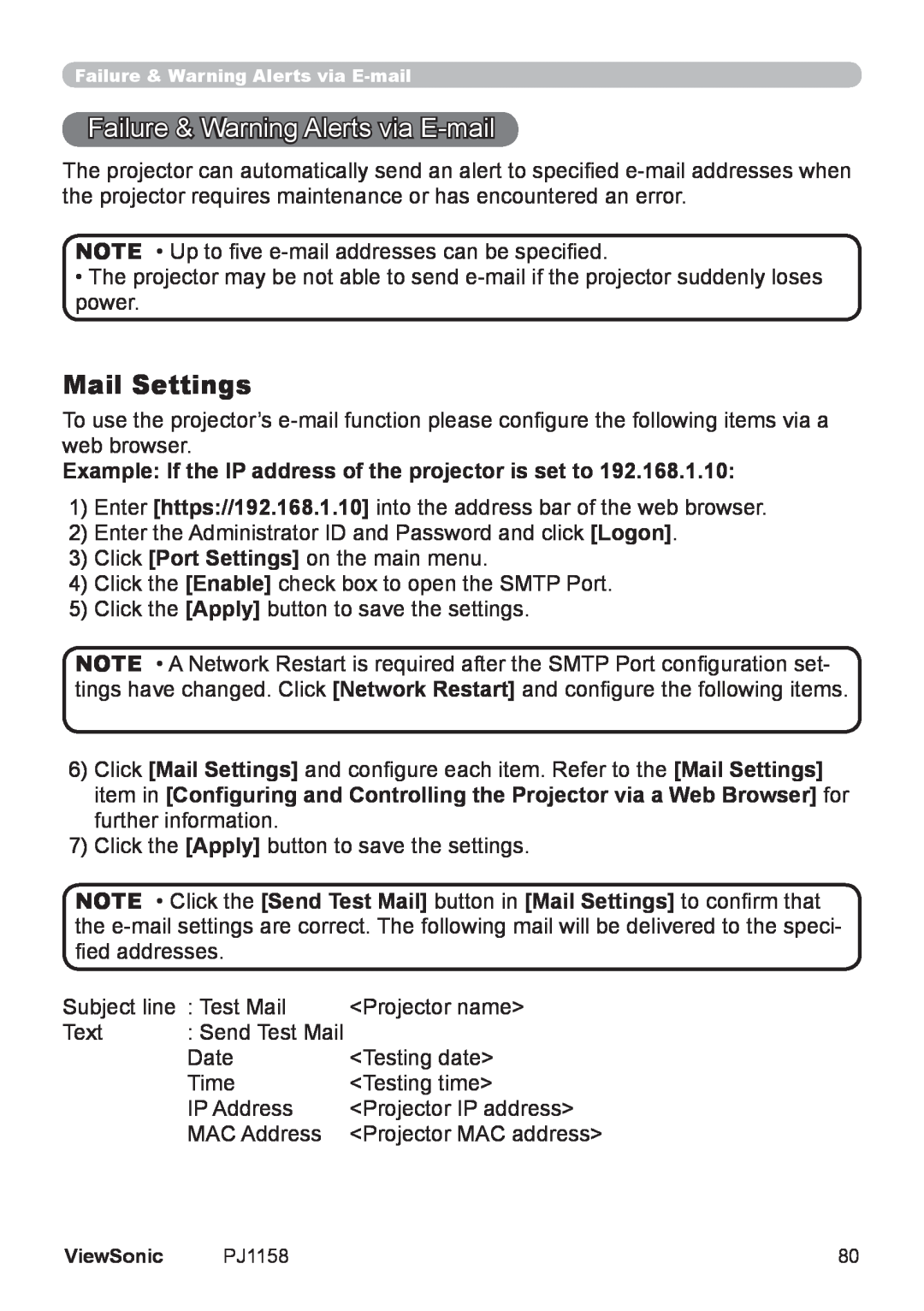 ViewSonic PJ1158 manual Failure & Warning Alerts via E-mail, Mail Settings 