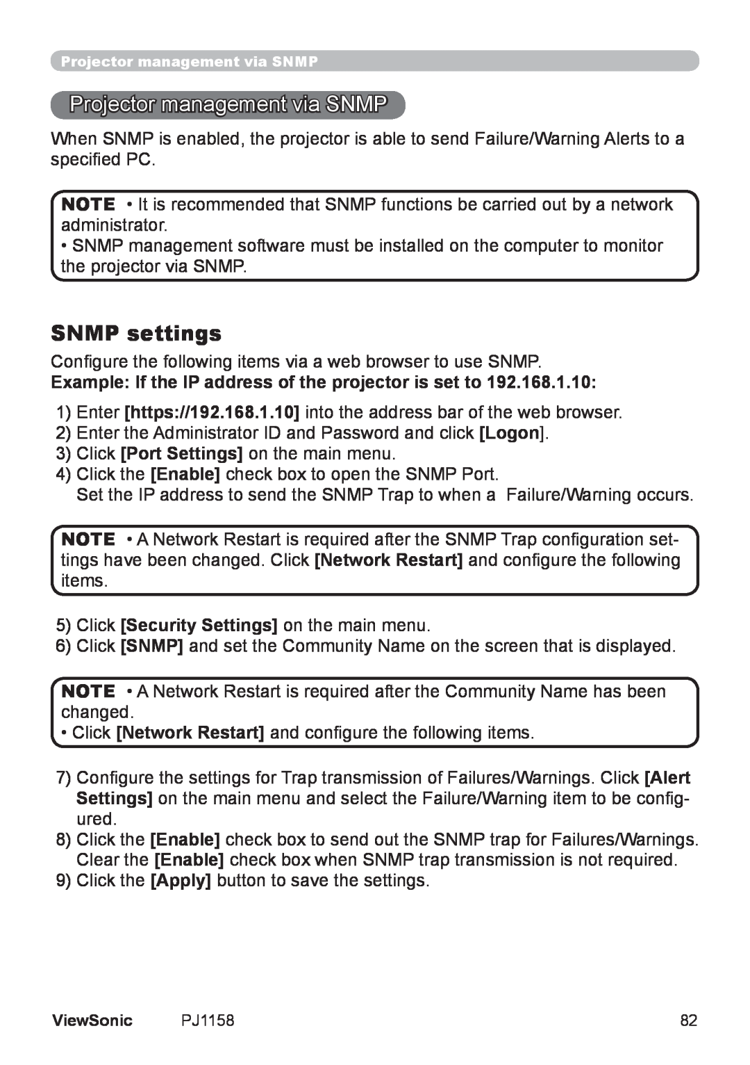 ViewSonic PJ1158 manual Projector management via SNMP, SNMP settings 