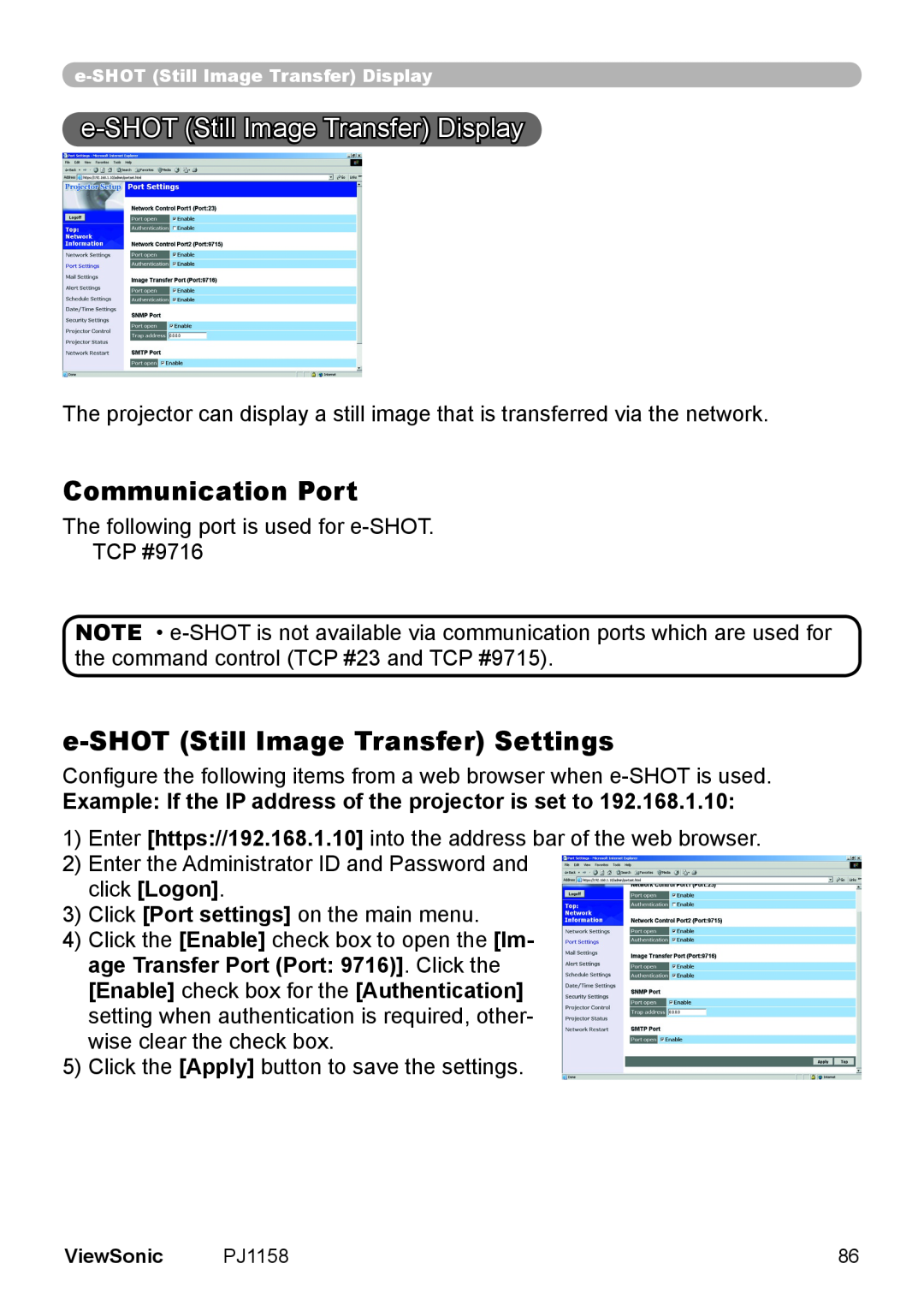 ViewSonic PJ1158 manual e-SHOTStillImageTransfer Display, Communication Port, e-SHOTStill Image Transfer Settings 
