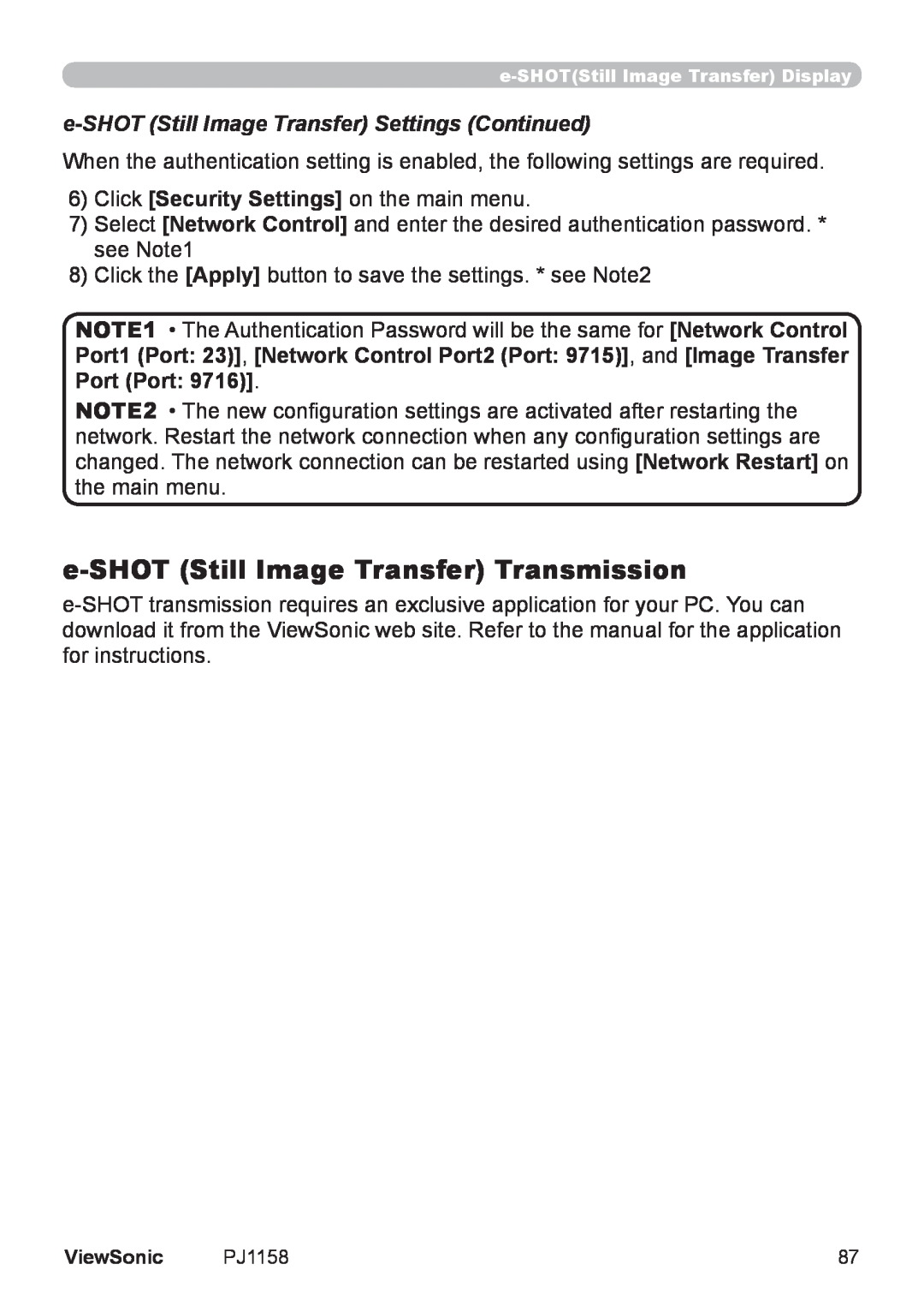 ViewSonic PJ1158 manual e-SHOTStill Image Transfer Transmission, e-SHOTStill Image Transfer Settings Continued 