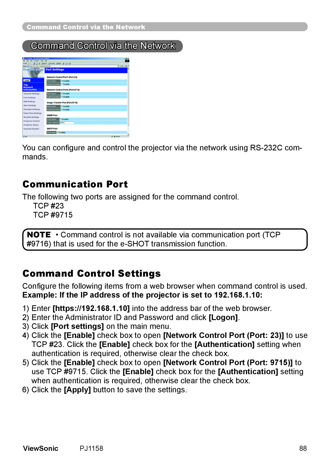 ViewSonic PJ1158 manual Command Controlvia the Network, Command Control Settings, Communication Port 