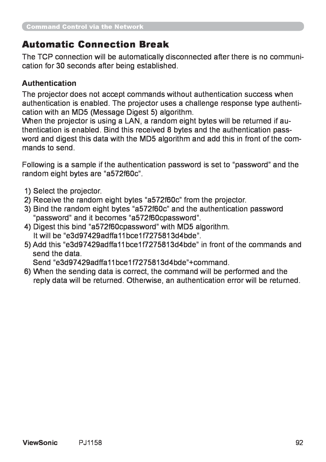 ViewSonic PJ1158 manual Automatic Connection Break, Authentication 