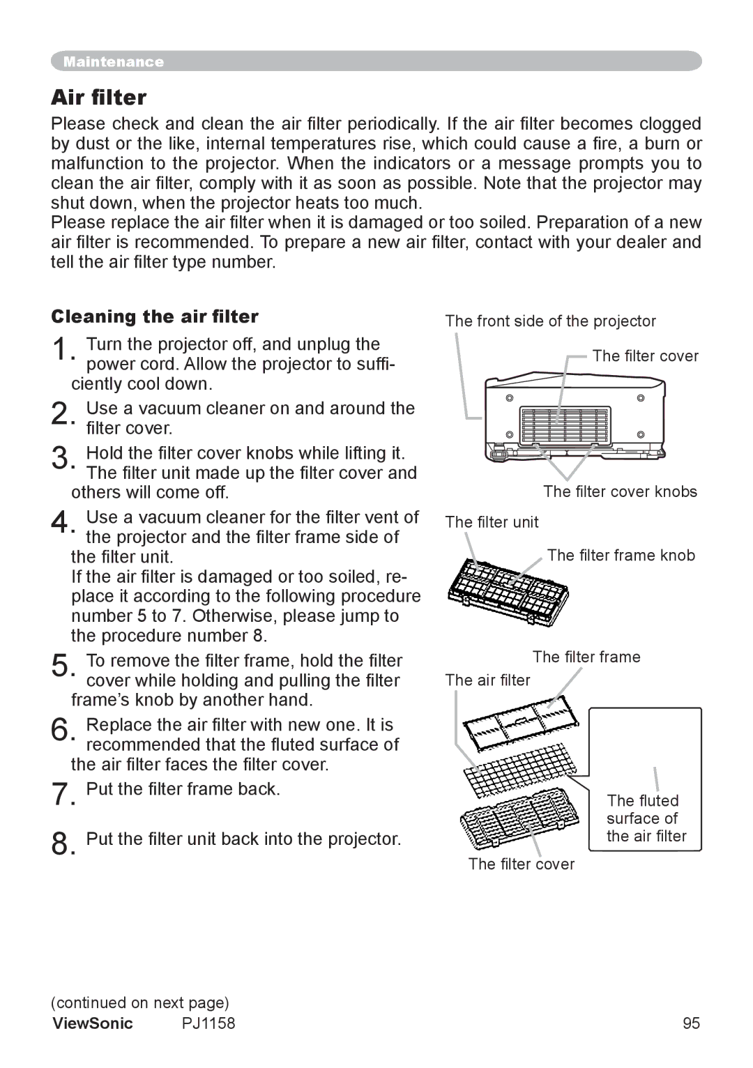 ViewSonic PJ1158 manual Air filter, Cleaning the air filter 