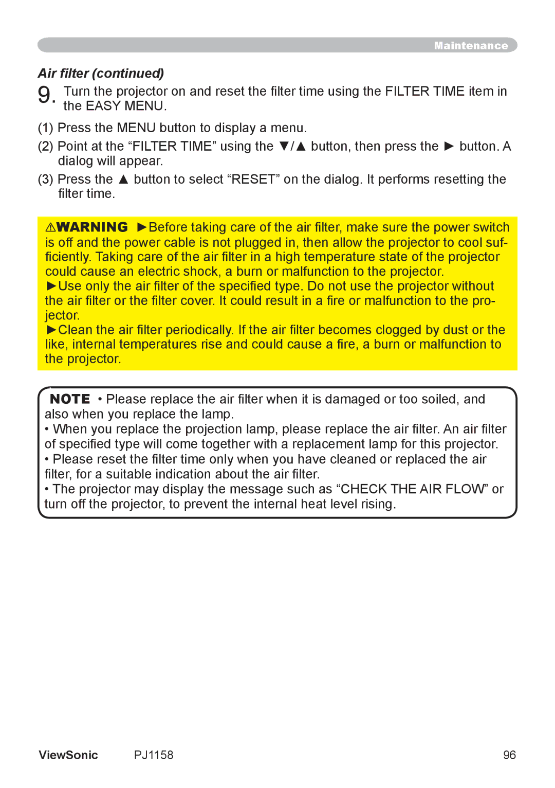 ViewSonic PJ1158 manual Air filter 