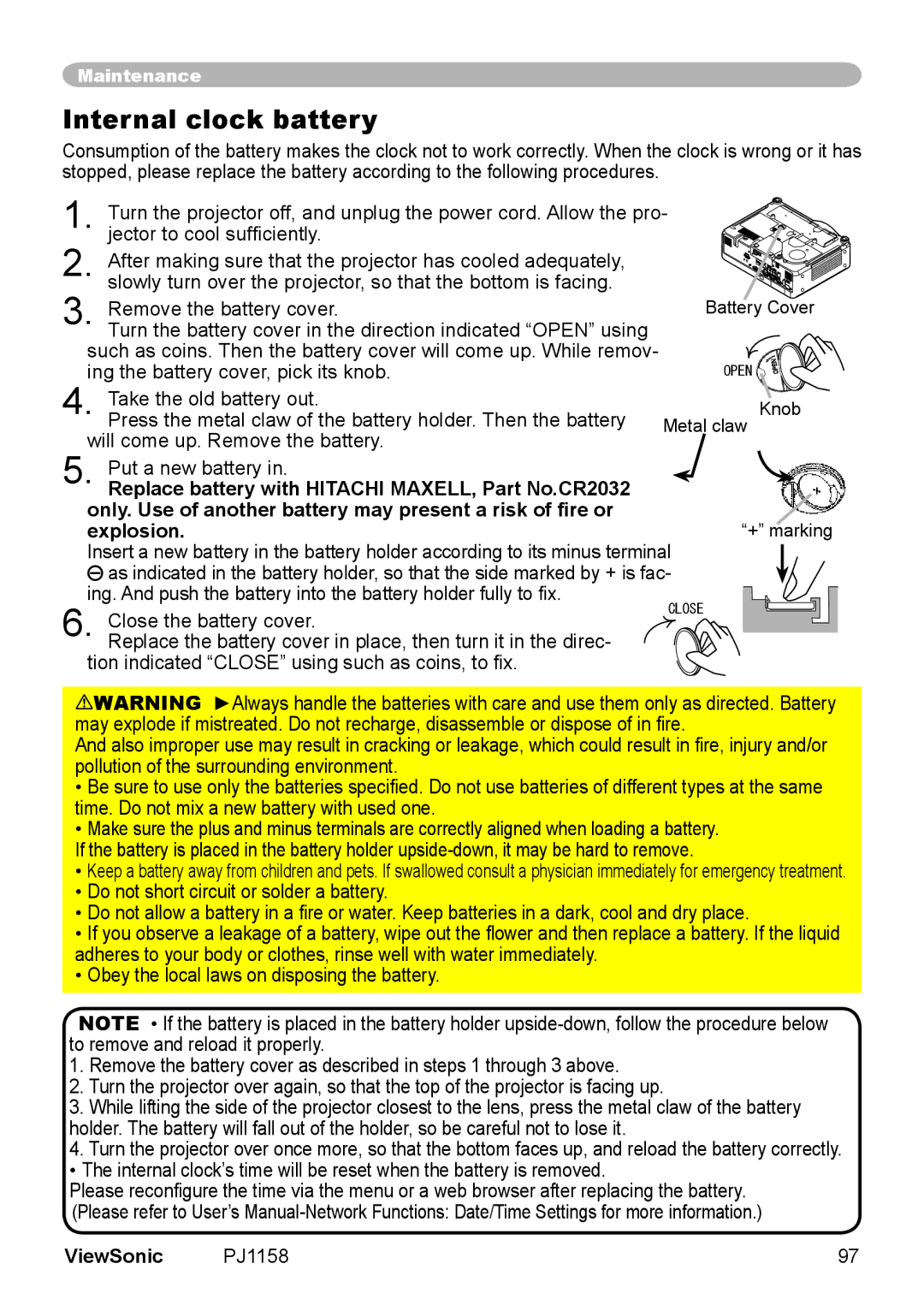 ViewSonic PJ1158 manual Internal clock battery, Ing the battery cover, pick its knob, Take the old battery out 