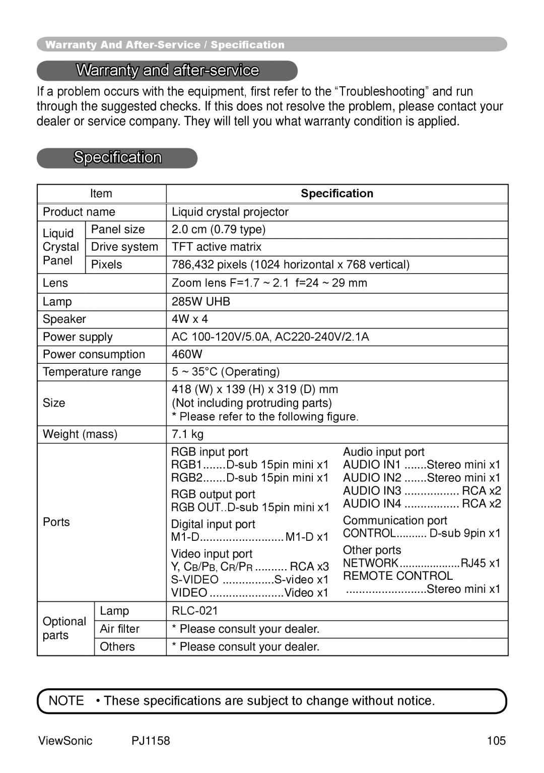 ViewSonic PJ1158 manual Warranty and after-service, Specification 