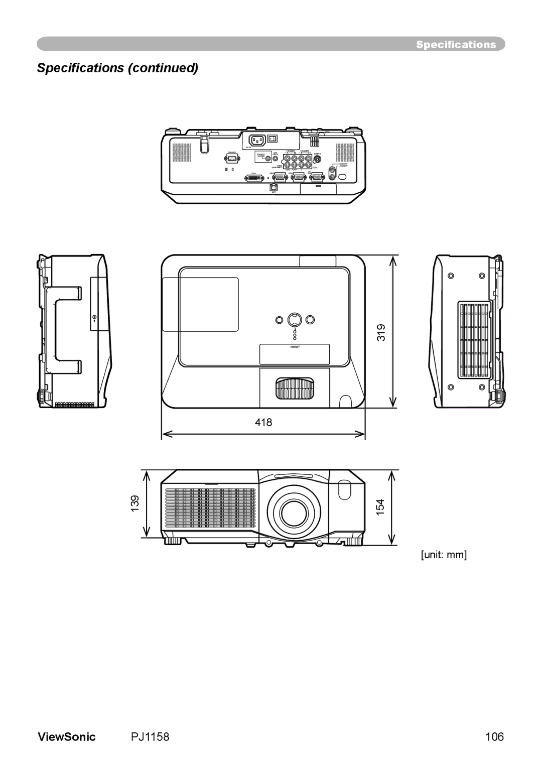 ViewSonic manual Specifications, PJ1158 106 