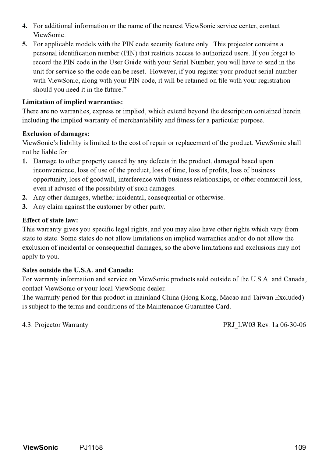 ViewSonic manual Limitation of implied warranties, PJ1158 109 