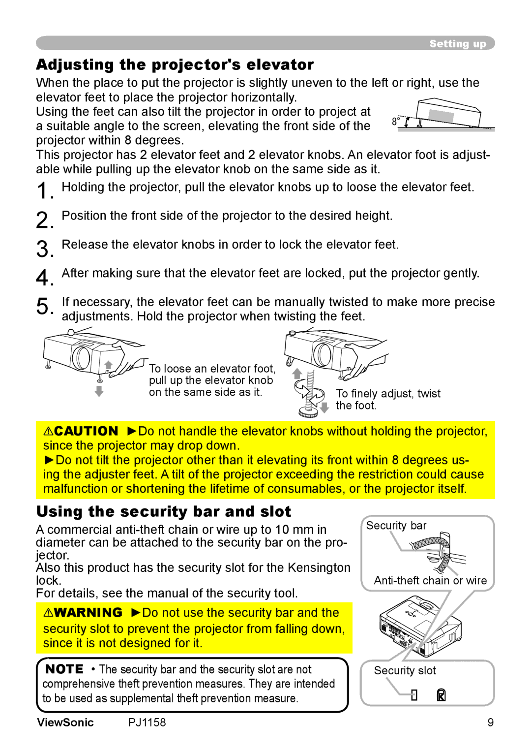 ViewSonic PJ1158 manual Adjusting the projectors elevator, Using the security bar and slot, Foot 