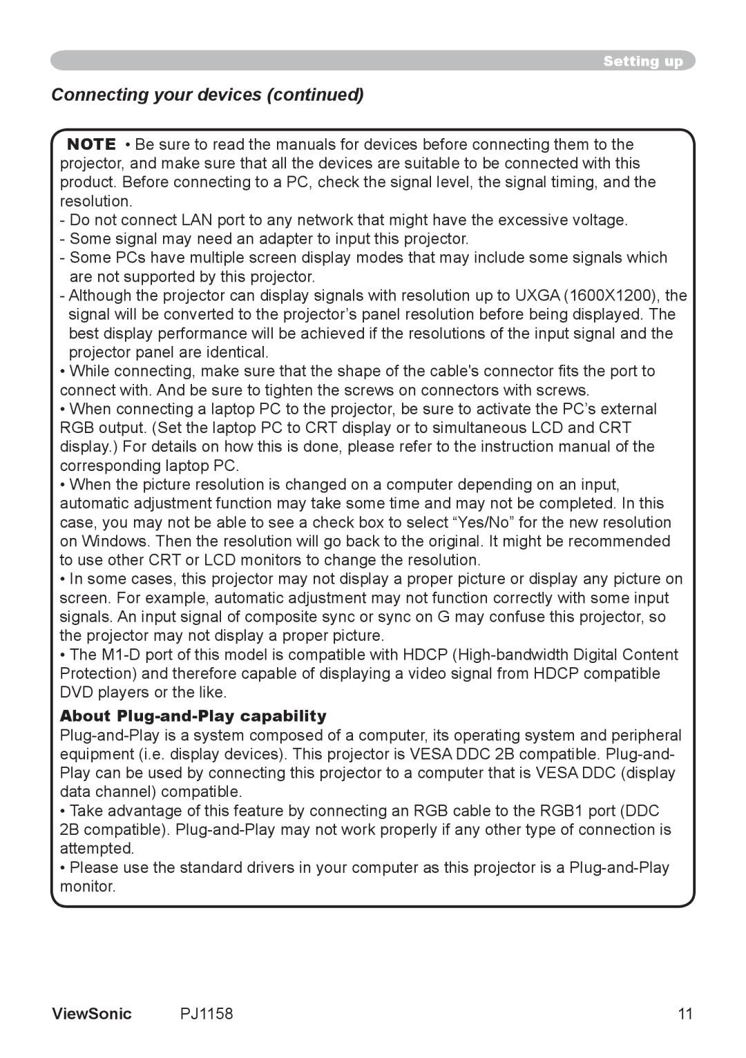 ViewSonic PJ1158 manual Connecting your devices, About Plug-and-Play capability 