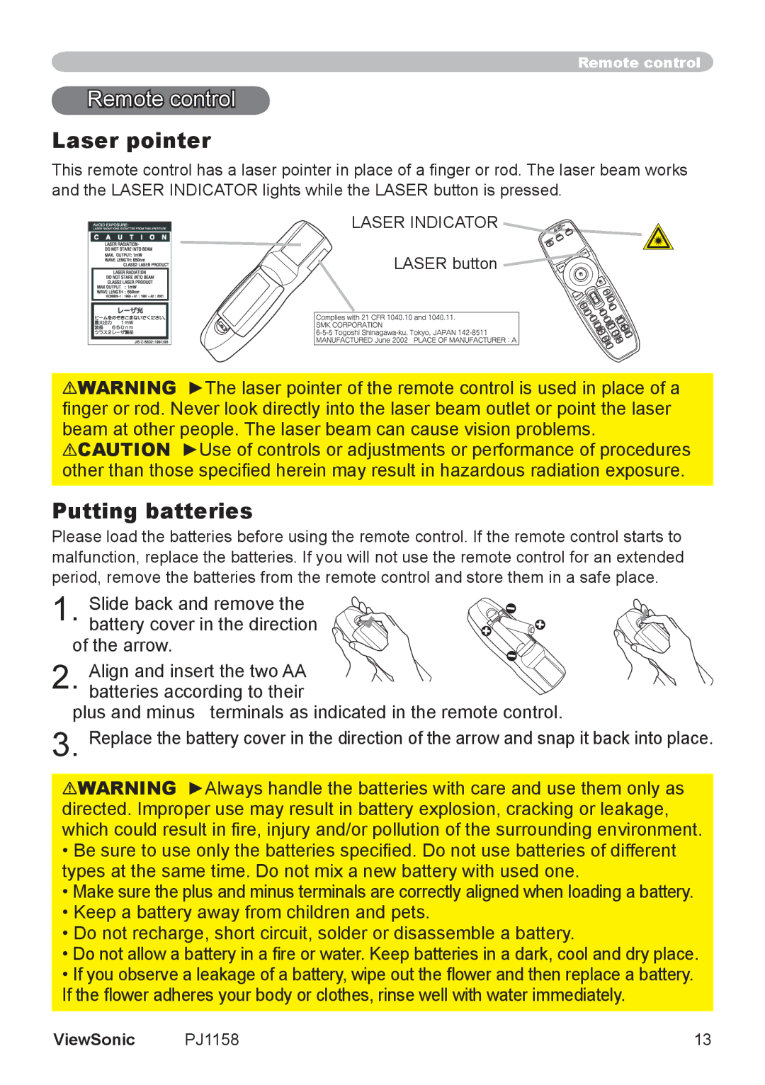 ViewSonic PJ1158 manual Remote control, Laser pointer, Putting batteries, Laser button 