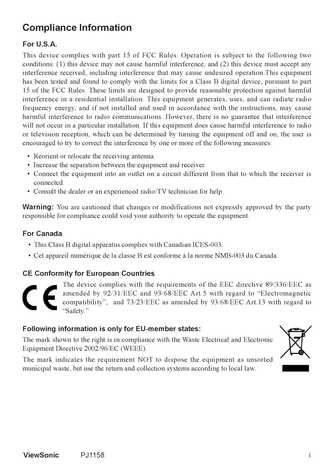 ViewSonic PJ1158 manual Compliance Information 