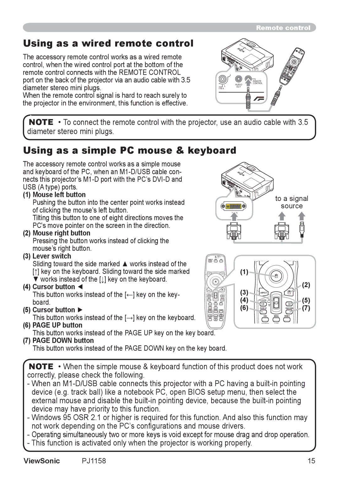 ViewSonic PJ1158 manual Using as a wired remote control, Using as a simple PC mouse & keyboard 