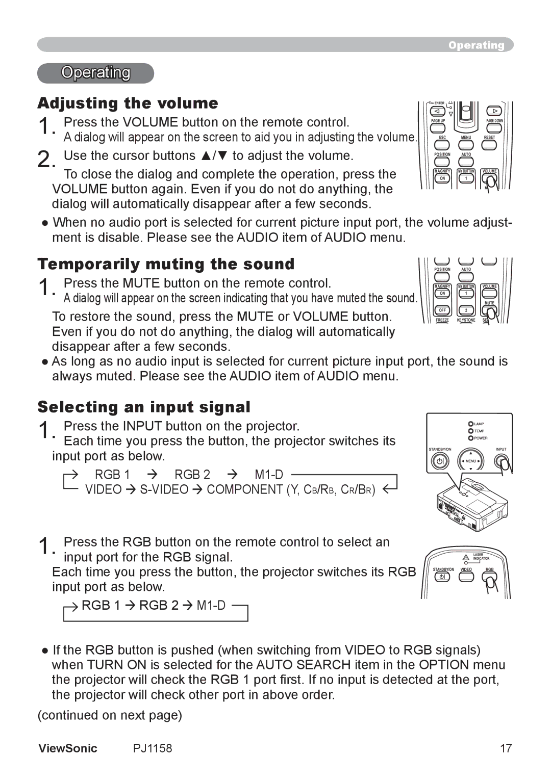 ViewSonic PJ1158 manual Operating, Adjusting the volume, Temporarily muting the sound, Selecting an input signal 