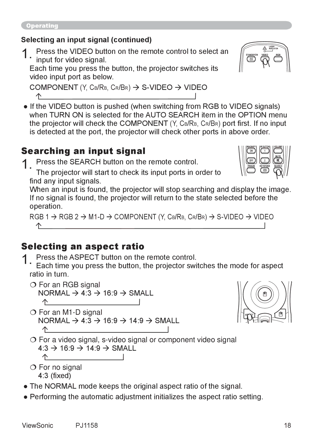 ViewSonic PJ1158 manual Searching an input signal, Selecting an aspect ratio, Selecting an input signal 