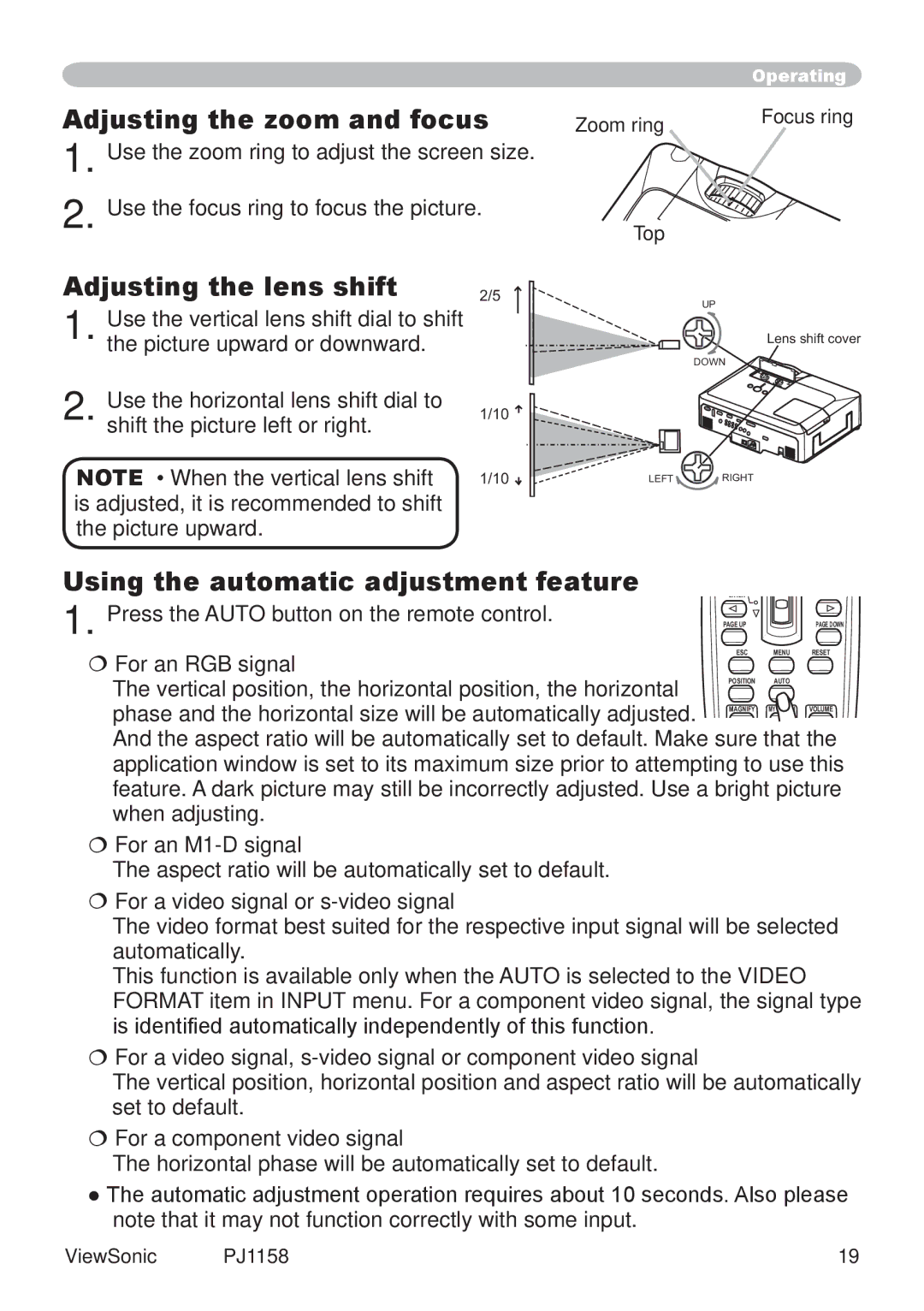 ViewSonic PJ1158 manual Adjusting the zoom and focus, Adjusting the lens shift, Using the automatic adjustment feature 