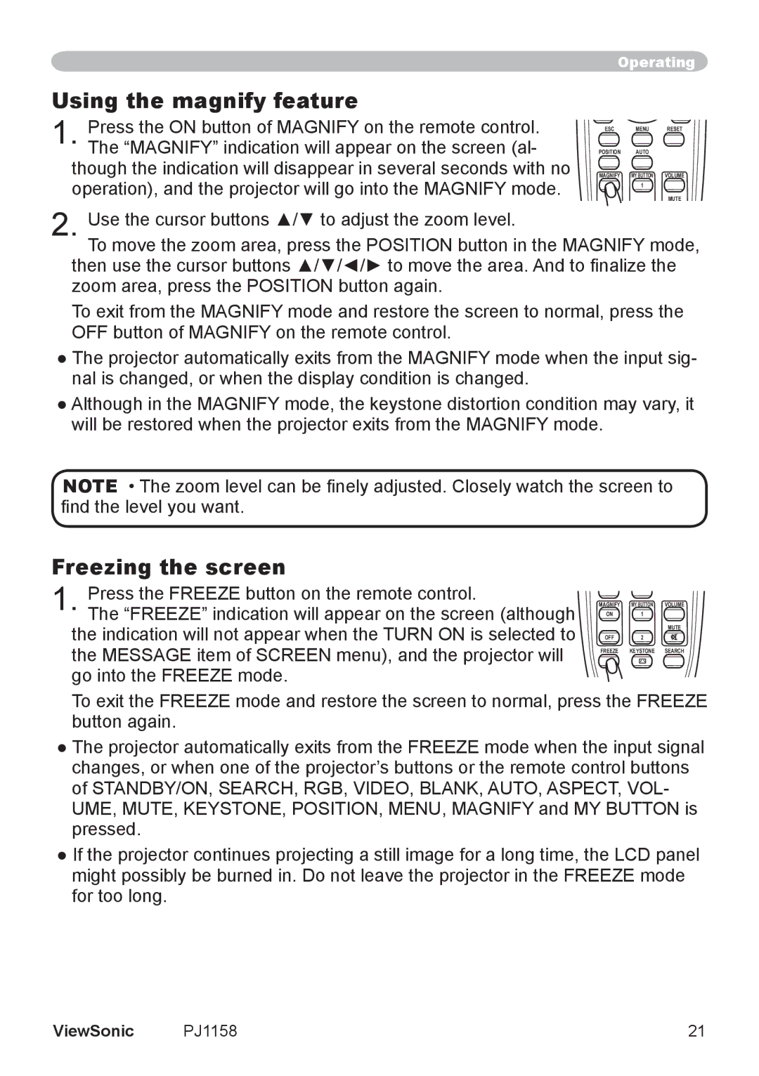 ViewSonic PJ1158 manual Using the magnify feature, Freezing the screen 