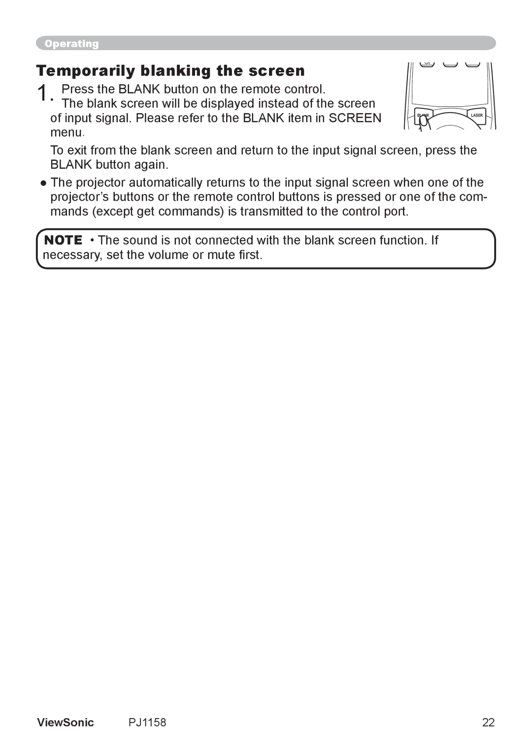 ViewSonic PJ1158 manual Temporarily blanking the screen 