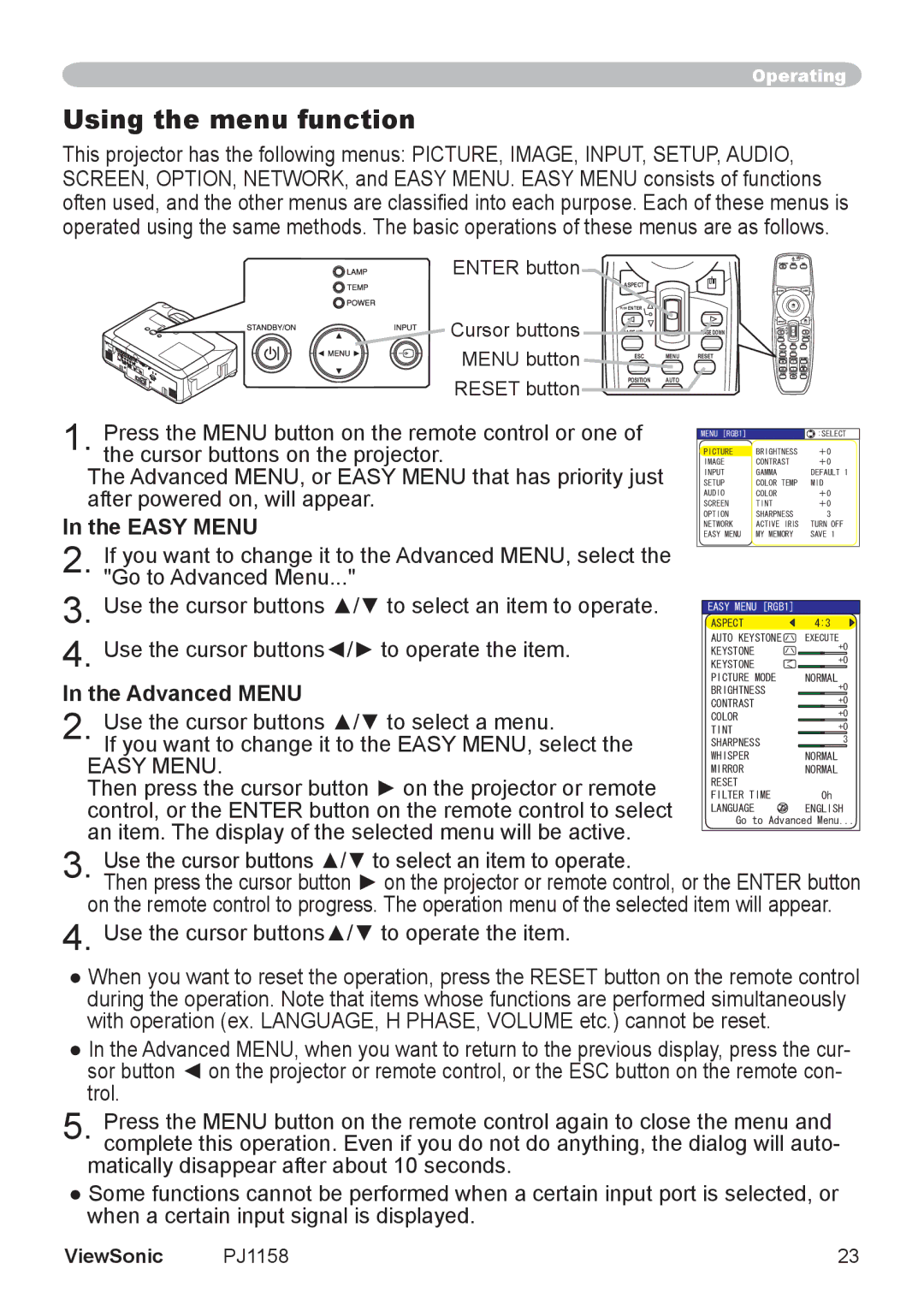 ViewSonic PJ1158 manual Using the menu function, Easy Menu, Advanced Menu, Enter button 