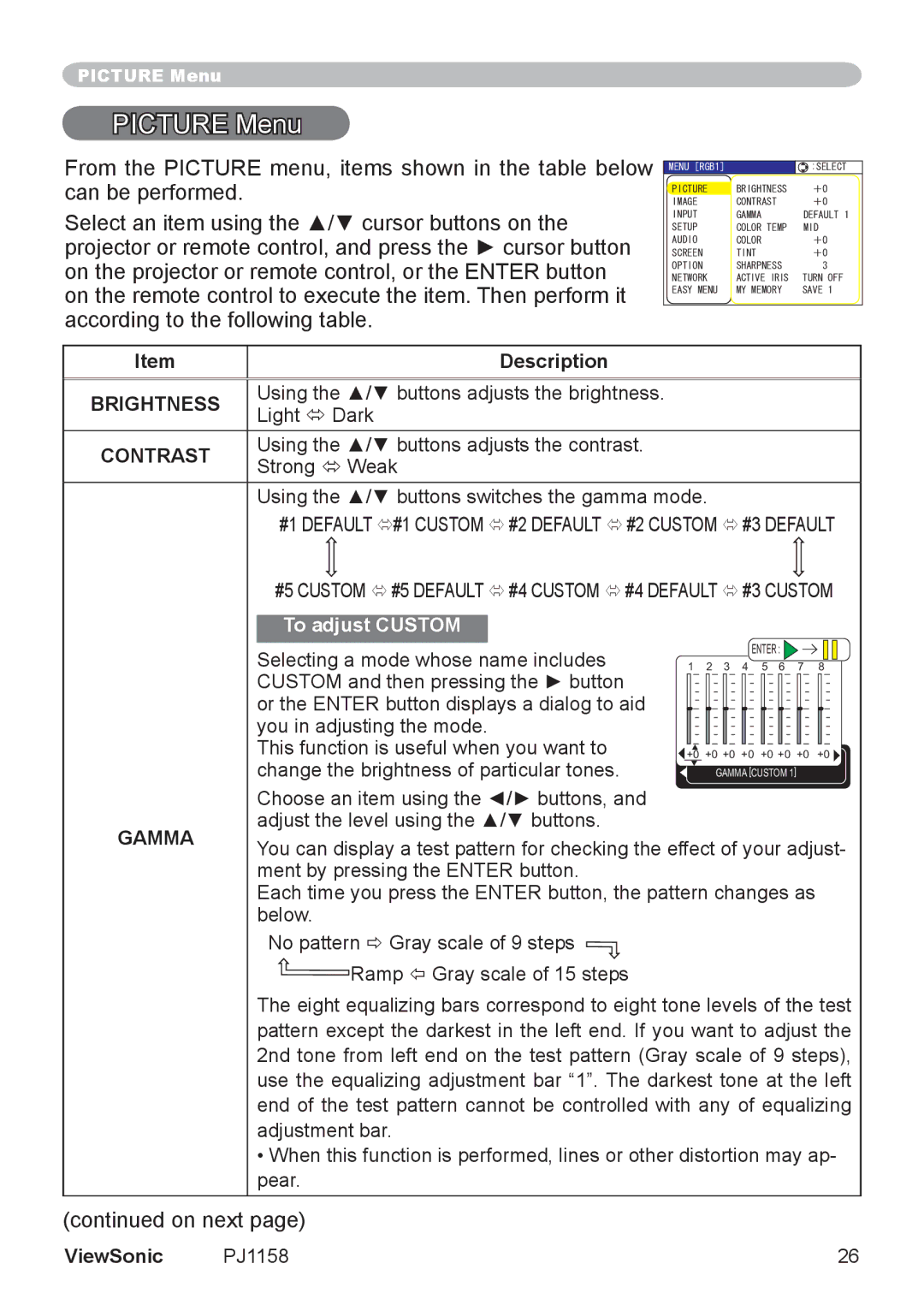 ViewSonic PJ1158 manual Picture Menu, Gamma 