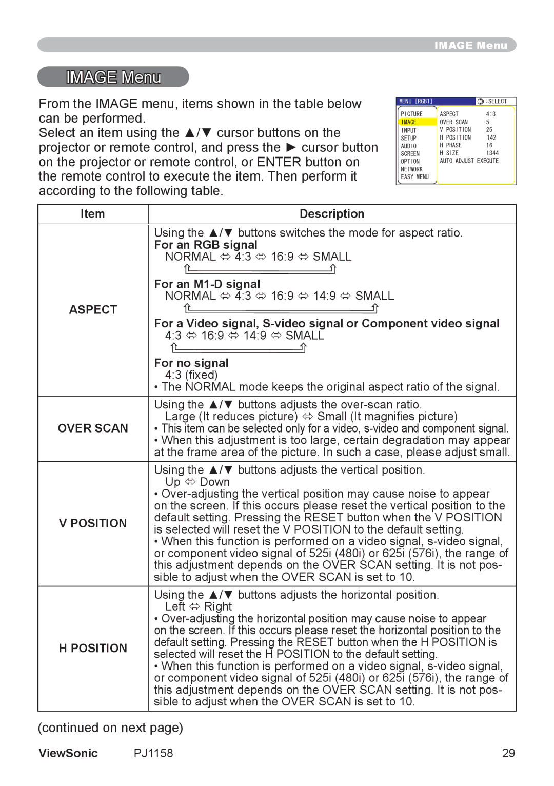 ViewSonic PJ1158 manual Image Menu, Over Scan, Position 