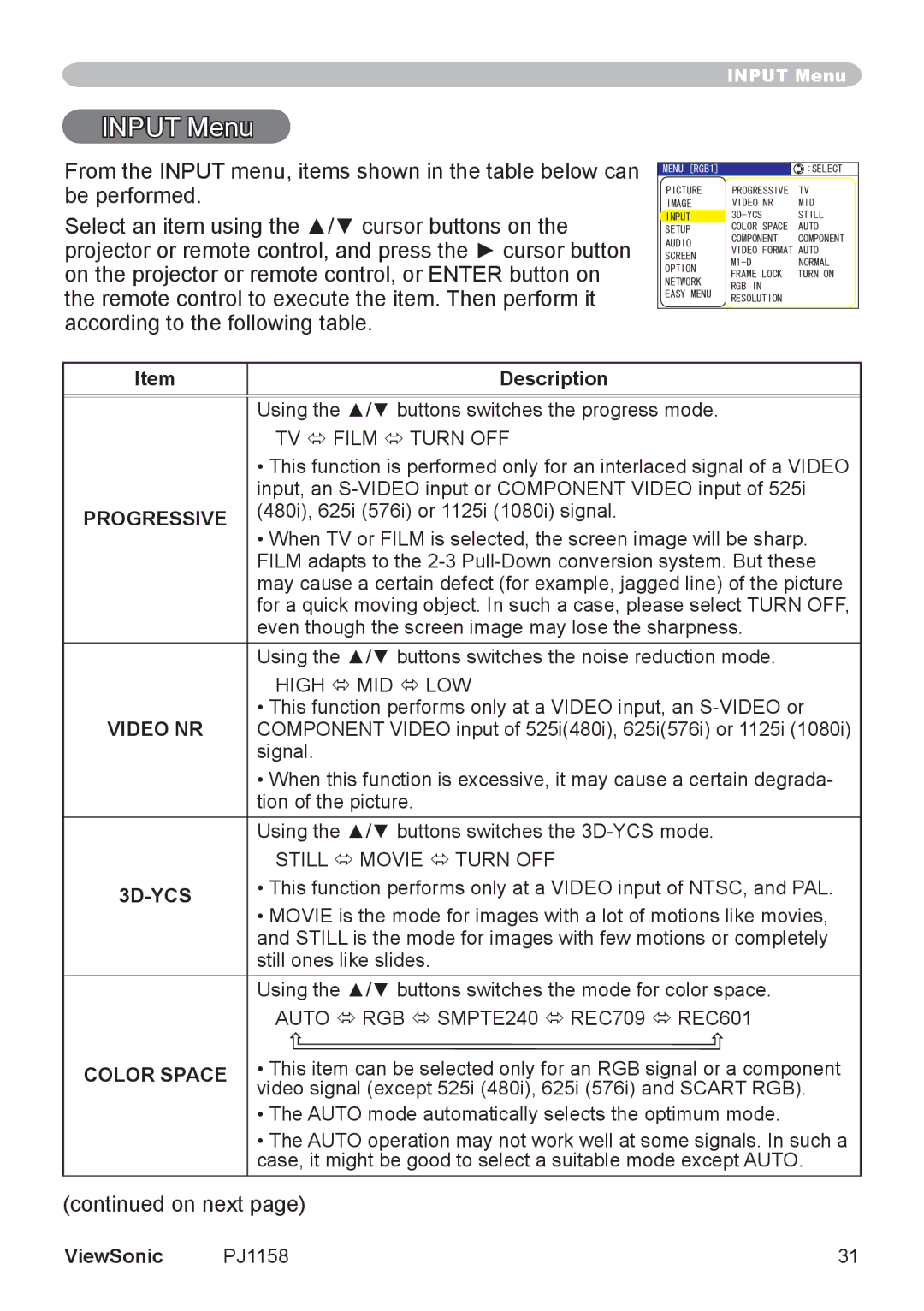 ViewSonic PJ1158 manual Input Menu, Progressive, 3D-YCS, Color Space 