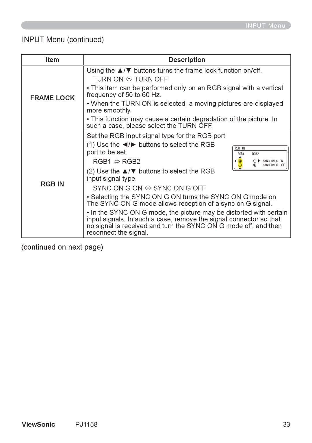 ViewSonic PJ1158 manual Frame Lock, Port to be set Use the / buttons to select the RGB, Rgb 