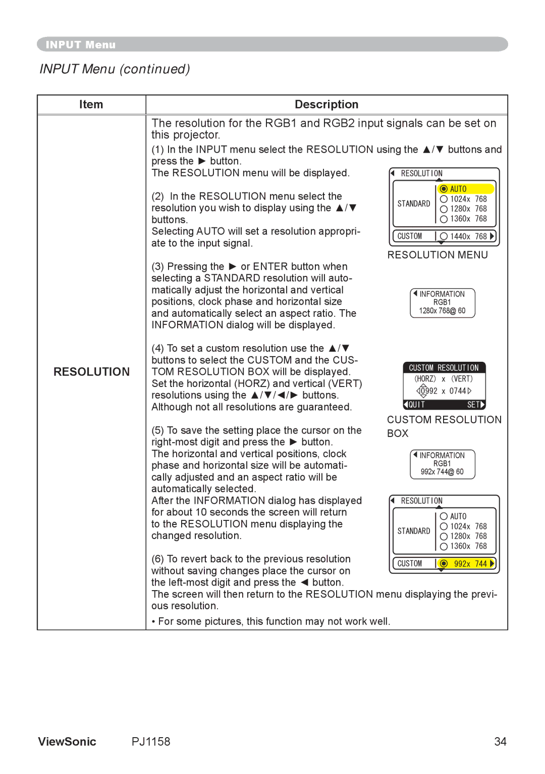 ViewSonic PJ1158 manual Resolution Menu 