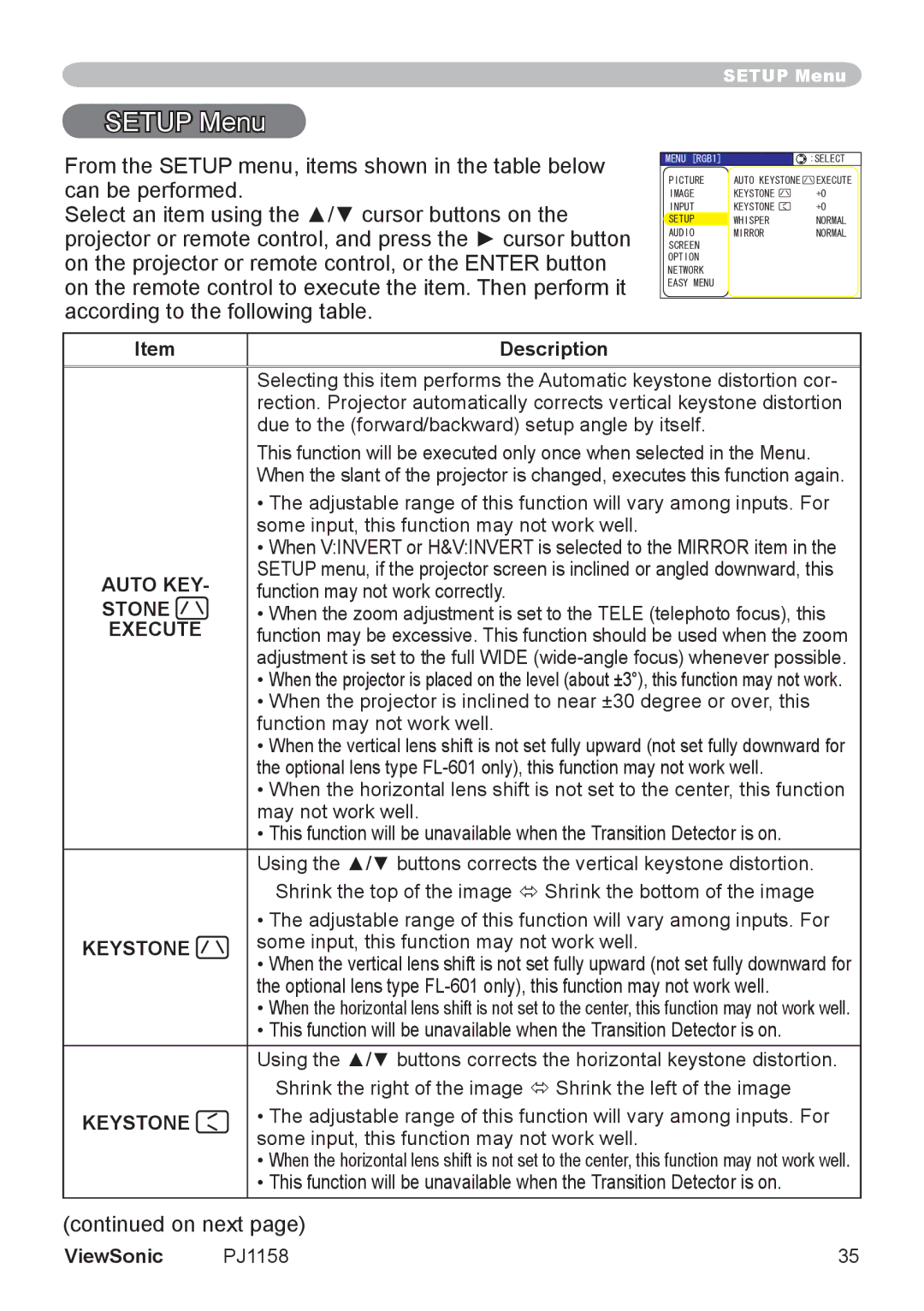 ViewSonic PJ1158 manual Setup Menu 